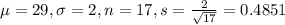 \mu = 29, \sigma = 2, n = 17, s = \frac{2}{\sqrt{17}} = 0.4851