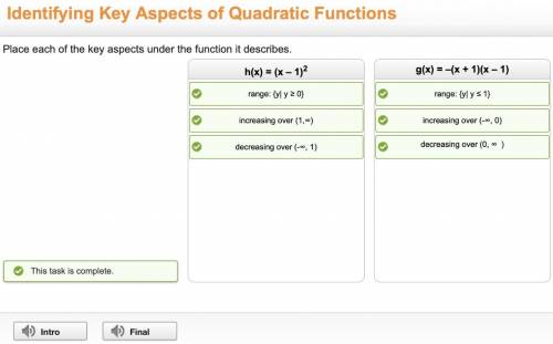 Place each of the key aspects under the function it describes. range: 1 y 2 0} h(x) = (x - 1)2 g(x)