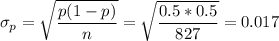 \sigma_p=\sqrt{\dfrac{p(1-p)}{n}}=\sqrt{\dfrac{0.5*0.5}{827}}= 0.017