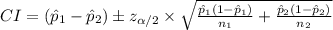 CI=(\hat p_{1}-\hat p_{2})\pm z_{\alpha/2}\times \sqrt{\frac{\hat p_{1}(1-\hat p_{1})}{n_{1}}+\frac{\hat p_{2}(1-\hat p_{2})}{n_{2}}}}