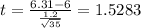 t=\frac{6.31-6}{\frac{1.2}{\sqrt{35}}}=1.5283