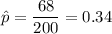 \hat{p}=\dfrac{68}{200}=0.34