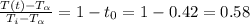 \frac{T(t)-T_\alpha }{T_i-T_\alpha } =1-t_0 = 1-0.42=0.58