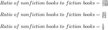Ratio\ of\ nonfiction\ books\ to\ fiction\ books = \frac{105}{189}\\\\Ratio\ of\ nonfiction\ books\ to\ fiction\ books = \frac{35}{63}\\\\Ratio\ of\ nonfiction\ books\ to\ fiction\ books = \frac{5}{9}\\\\