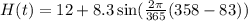 H(t) = 12 + 8.3\sin(\frac{2\pi}{365}(358 - 83))