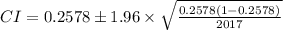 CI=0.2578\pm 1.96\times \sqrt{\frac{0.2578(1-0.2578)}{2017}}