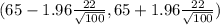 (65 - 1.96\frac{22}{\sqrt{100} } , 65 + 1.96 \frac{22}{\sqrt{100} } )