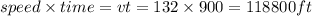 speed\times time=vt=132\times 900=118800ft