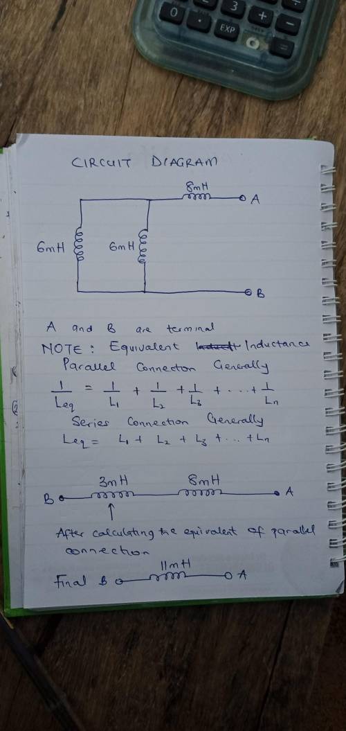 A circuit contains two inductors of 6.0 mH inductance in parallel placed in series with an inductor