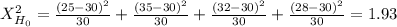 X^2_{H_0}= \frac{(25-30)^2}{30} + \frac{(35-30)^2}{30} + \frac{(32-30)^2}{30} + \frac{(28-30)^2}{30} = 1.93