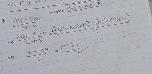 Find the average rate of change for f(x) = x - 8x + 15 from x = -3 to x = 2. A) -3 TM and Submit