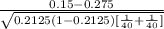 \frac{0.15-0.275}{\sqrt{0.2125(1-0.2125)[\frac{1}{40}+\frac{1}{40}]}}