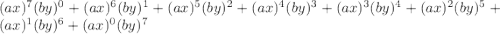 (ax)^7(by)^0 + (ax)^6(by)^1 + (ax)^5(by)^2 + (ax)^4(by)^3 + (ax)^3(by)^4 + (ax)^2(by)^5 + (ax)^1(by)^6 + (ax)^0(by)^7