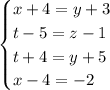 \begin{cases}x+4=y+3\\t-5=z-1\\t+4=y+5\\x-4=-2\end{cases}