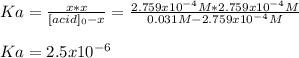 Ka=\frac{x*x}{[acid]_0-x}=\frac{2.759x10^{-4}M*2.759x10^{-4}M}{0.031M-2.759x10^{-4}M} \\\\Ka=2.5x10^{-6}