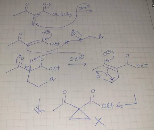 Treatment of ethyl acetoacetate with NaOEt (2 equiv) and BrCH2CH2Br forms compound X. This reaction