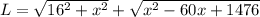 L=\sqrt{16^2+x^2}+\sqrt{x^2-60x+1476}