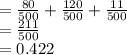 =\frac{80}{500}+\frac{120}{500}+\frac{11}{500}\\=\frac{211}{500}\\=0.422