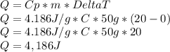 Q = Cp * m * DeltaT\\Q = 4.186 J/g*C * 50g * (20-0)\\Q= 4.186 J/g*C * 50g * 20\\Q = 4,186 J\\