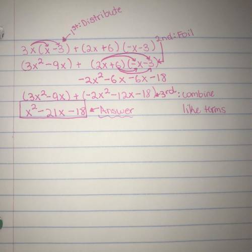 Simplify the following expression. Classify the resulting polynomial. 3x(x - 3) + (2x + 6)(-x - 3)