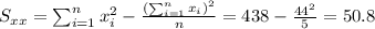 S_{xx}=\sum_{i=1}^n x^2_i -\frac{(\sum_{i=1}^n x_i)^2}{n}=438-\frac{44^2}{5}=50.8