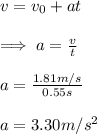 v=v_0+at\\\\\implies a=\frac{v}{t}\\\\a=\frac{1.81m/s}{0.55s}\\\\a=3.30m/s^2