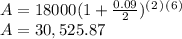 A=18000(1+\frac{0.09}{2})^(^2^)^(^6^) \\A=30,525.87