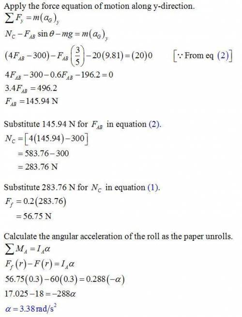 The 20-kg roll ofpaper has a radius of gyration kA = 120 mm about an axis passing through point A. I