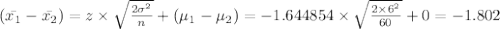 {(\bar{x_{1}}-\bar{x_{2}}) = z \times \sqrt{\frac{2\sigma_{}^{2} }{n_{}}}} + (\mu_{1}-\mu _{2} )}{}  = -1.644854 \times \sqrt{\frac{2\times 6_{}^{2} }{60_{}}}} + 0 = -1.802