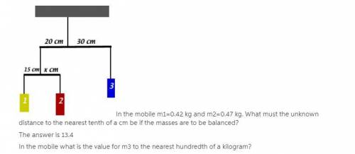 In the mobile m1=0.42 kg and m2=0.47 kg. What must the unknown distance to the nearest tenth of a cm