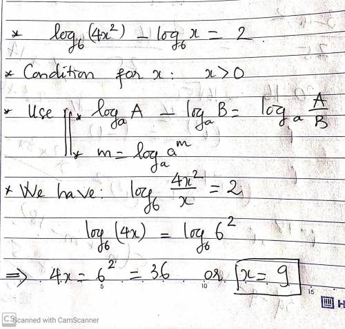 What is the solution to the equation below? log_6 4x^2 -log_6 x=2