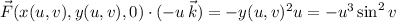 \vec F(x(u,v),y(u,v),0)\cdot(-u\,\vec k)=-y(u,v)^2u=-u^3\sin^2v