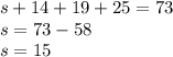 s + 14 + 19 + 25 = 73\\s=73-58\\s=15