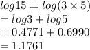 log15 = log(3 \times 5)  \\ = log3 + log5 \\  = 0.4771 + 0.6990 \\  = 1.1761 \\