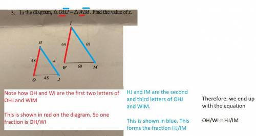 In the diagram , triangle OHJ ~ triangle WIM. Find the value of x?