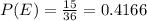 P(E) = \frac{15}{36} = 0.4166