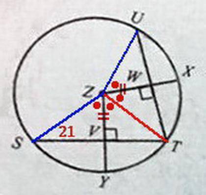 In circle Z, if vz = zw, sv=21, and mUT=112degrees, find each measure