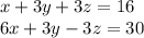 x+3y+3z=16\\6x+3y-3z=30