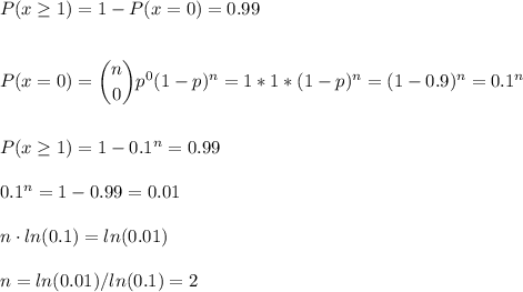 P(x\geq1)=1-P(x=0)=0.99\\\\\\P(x=0)=\dbinom{n}{0}p^0(1-p)^n=1*1*(1-p)^n=(1-0.9)^n=0.1^n\\\\\\P(x\geq1)=1-0.1^n=0.99\\\\0.1^n=1-0.99=0.01\\\\n\cdot ln(0.1)=ln(0.01)\\\\n=ln(0.01)/ln(0.1)=2