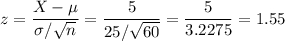 z=\dfrac{X-\mu}{\sigma/\sqrt{n}}=\dfrac{5}{25/\sqrt{60}}=\dfrac{5}{3.2275}=1.55