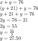 x+y=76\\(y+21)+y=76\\y+21+y=76\\2y=76-21\\2y=55\\y=\frac{55}{2}\\ y=27.50
