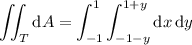 \displaystyle\iint_T\mathrm dA=\int_{-1}^1\int_{-1-y}^{1+y}\mathrm dx\,\mathrm dy