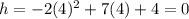 h=-2(4)^2 + 7(4)+ 4=0