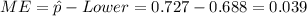 ME = \hat p -Lower = 0.727- 0.688 =0.039