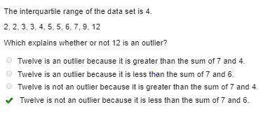 The interquartile range of the data set is 4. 2, 2, 3, 3, 4, 5, 5, 6, 7, 9, 12