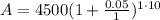 A=4500(1+\frac{0.05}{1})^{1\cdot 10}