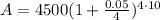 A=4500(1+\frac{0.05}{4})^{4\cdot 10}