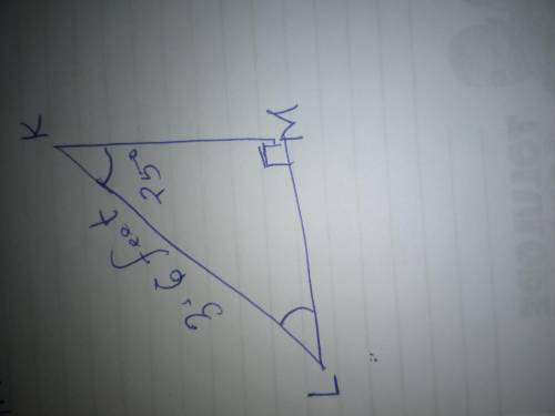 In ΔKLM, the measure of ∠M=90°, the measure of ∠K=25°, and KL = 3.6 feet. Find the length of MK to t