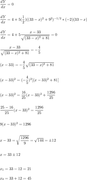 \dfrac{dY}{dx}=0\\\\\\\dfrac{dY}{dx}=4+5(\dfrac{1}{2})((33-x)^2+9^2)^{-1/2} *(-2)(33-x)\\\\\\\dfrac{dY}{dx}=4+5\dfrac{x-33}{\sqrt{(33-x)^2+81}}=0\\\\\\\dfrac{x-33}{\sqrt{(33-x)^2+81}}=-\dfrac{4}{5}\\\\\\(x-33)=-\dfrac{4}{5}\sqrt{(33-x)^2+81}\\\\\\(x-33)^2=(-\dfrac{4}{5})^2[(x-33)^2+81]\\\\\\(x-33)^2=\dfrac{16}{25}(x-33)^2+\dfrac{1296}{25}\\\\\\\dfrac{25-16}{25} (x-33)^2=\dfrac{1296}{25}\\\\\\9(x-33)^2=1296\\\\\\x-33=\sqrt{\dfrac{1296}{9}}=\sqrt{144}=\pm12\\\\\\x=33\pm12\\\\\\x_1=33-12=21\\\\x_2=33+12=45