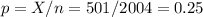 p=X/n=501/2004=0.25